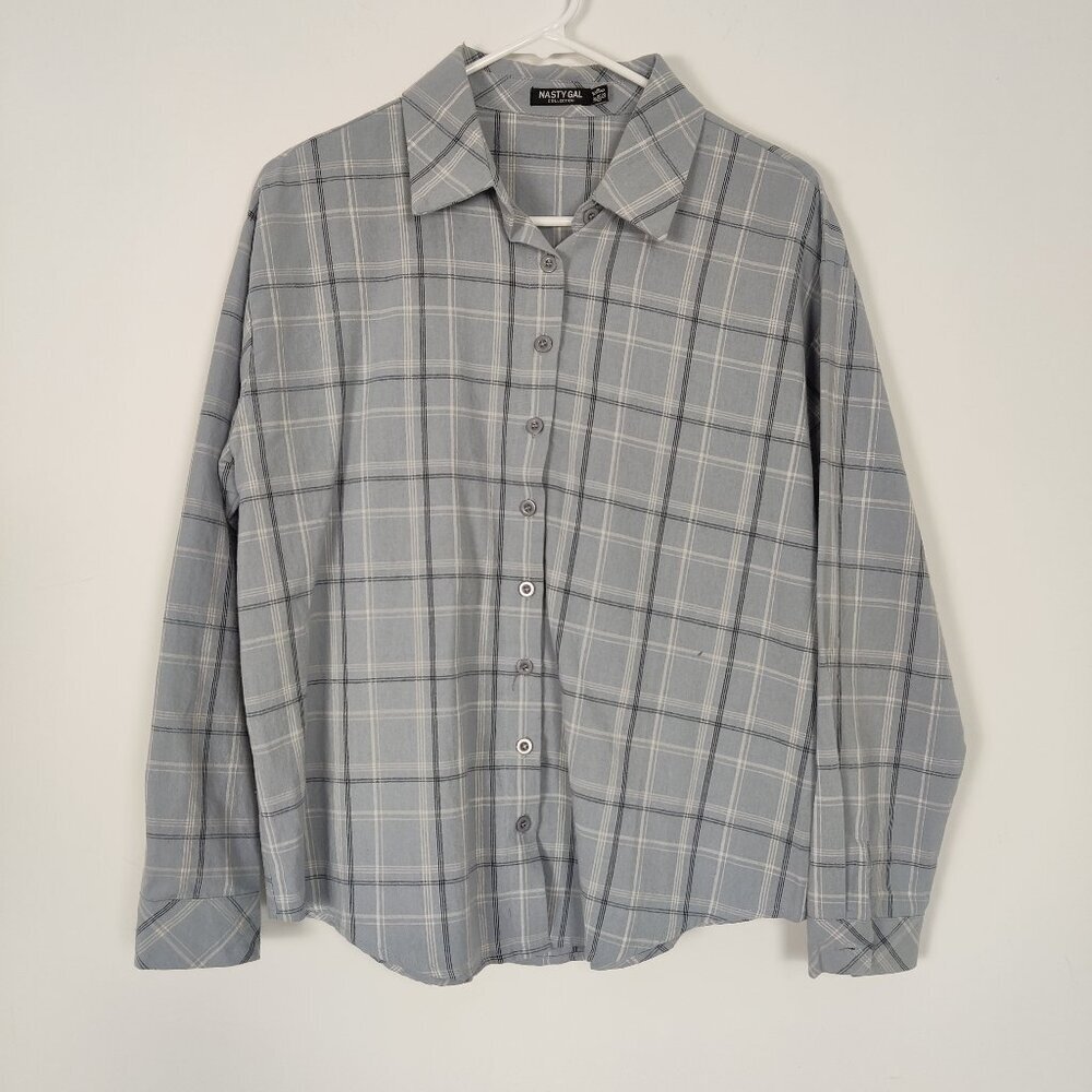 Nasty Gal Women's Shirt Size 6 Plaid Blue White Cotton Blend Casual Outerwear